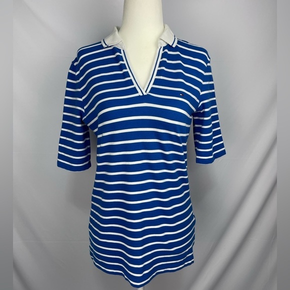 Tommy Hilfiger polo shirt open V-neck white and blue stripes women’s size S - Picture 3 of 17